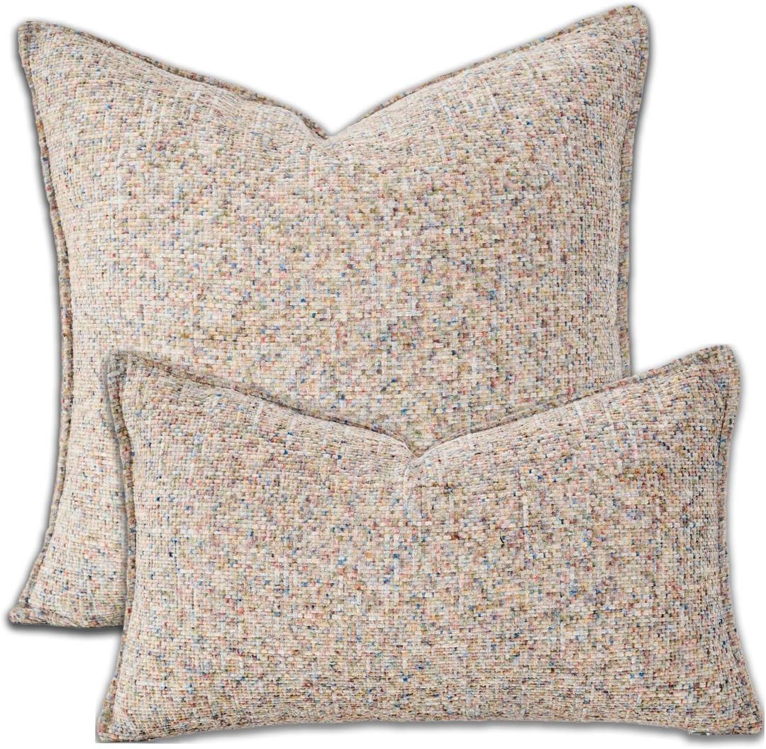 Premium Series Tweed Style Throw Pillow Cover, Linen Woven Textured Luxury Thick Cushion Case for Home Dcor, Beige Pink, 20x20 Inch