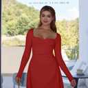 BEAGIMEG Women's Sexy Bodycon Long Sleeves A-line Sweetheart Neck Ruched Club Party Mini Dress (Red, XL)