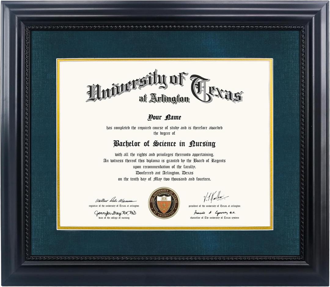 11x14 Diploma Degree Frame with Navy Mat or Display 15x18 Certificates without Mat,Solid Wood,Black Finish with Intricate Black Rope Detail,UV Protection Acrylic