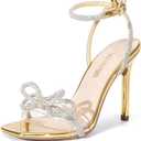 DREAM PAIRS Women's Double Bowknots Crystal Sandals Clear Slingback Heels Square Toe Shoes for Party Wedding (7.5, Gold-pat)