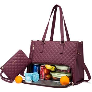 LOVEVOOK Lunch Tote Bag for Women, 15.6 Inch Laptop Bag with Insulated Lunch Compartment, Quilted Large Capacity Computer Handbag with Purse for Business, Work, Nurse, Collage, Office, Casual, Wine