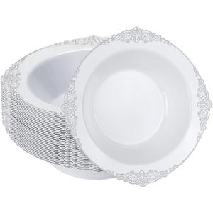 Bestluck 50 Pack White Plastic Bowls with Silver Relief Rim, 12oz Plastic Salad Bowl, Disposable Bowls for Party, Dinners, Weddings, Christmas, Thanksgiving, Valentine's Day, Silver Relief