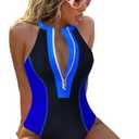 BIKINX Women One Piece Bathing Suit Tummy Control Swimsuits High Neck Zip Front Monokini Color Block Rash Guard Swimwear M