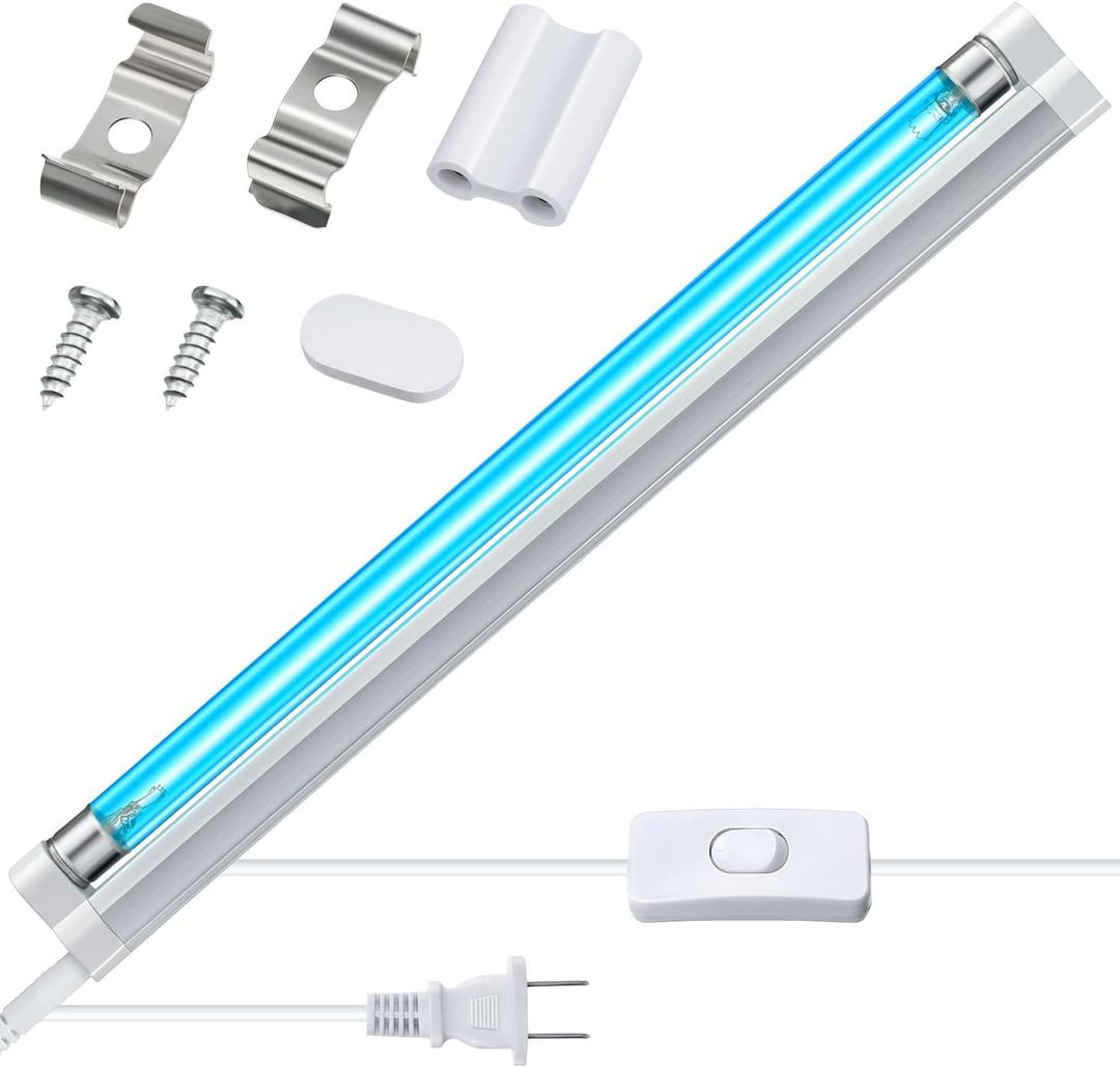 Qualirey 1 Pack UV Lamp Ozone Free, 253.7nm Wavelength UVC Germicidal Lamp 110V with ON/Off Switch Cord, Plug, Connector and Screw Tools for Closet/Cabinet/Bathroom (8w)