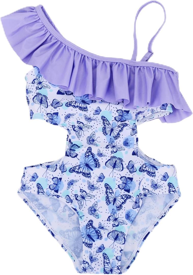 LIZENS Girls' Swimwear Cut Out Trim Ruffle One Piece Beach Bathing Suit for Girls Floral Toddler Kids Swimsuit (5-6 Years, Butterfly)