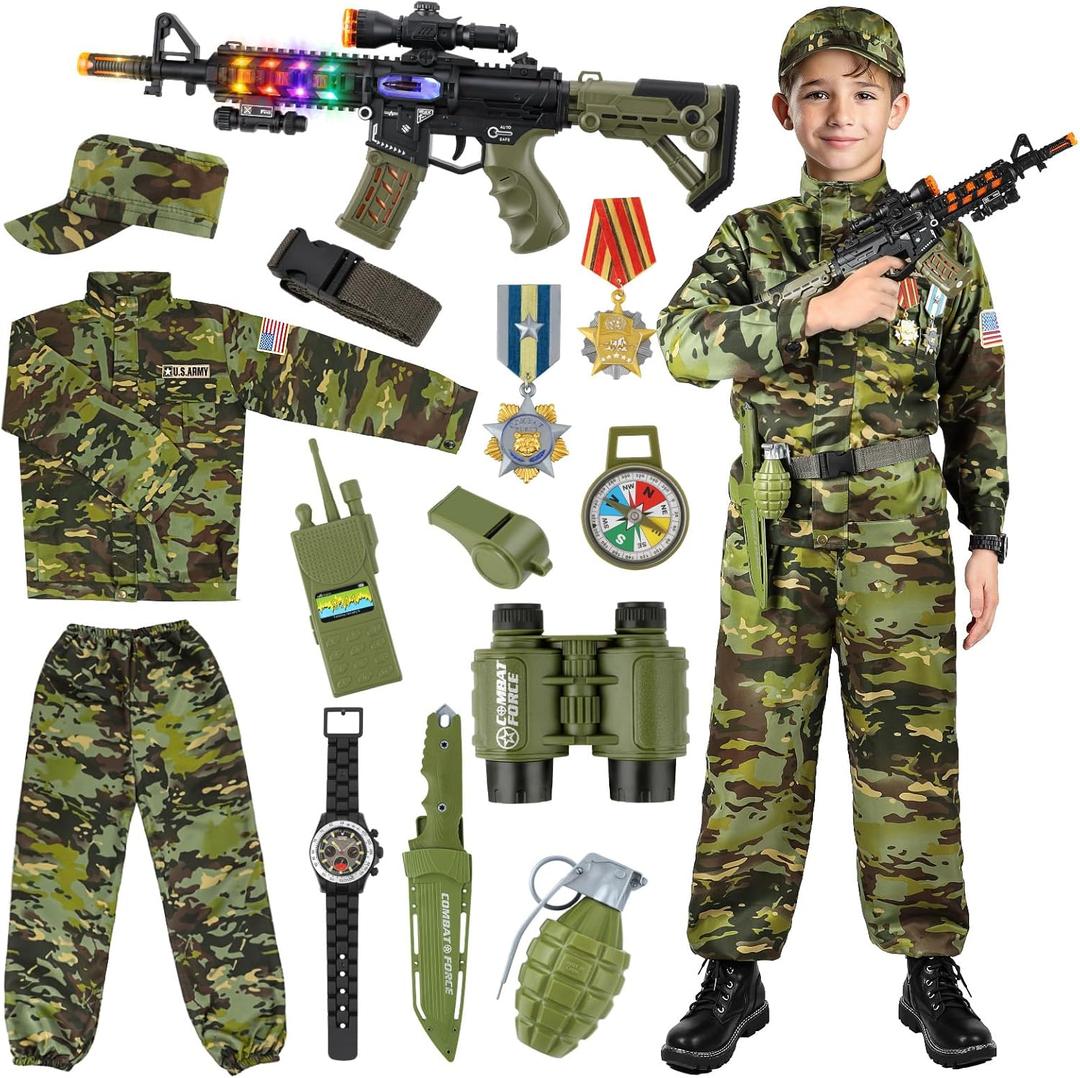 Kids Army Costume for Boys, Military Army Costume with Army Toys, Solider Boy Dress up, Halloween Costumes for Boys M (6-8y Ht.45-50in)