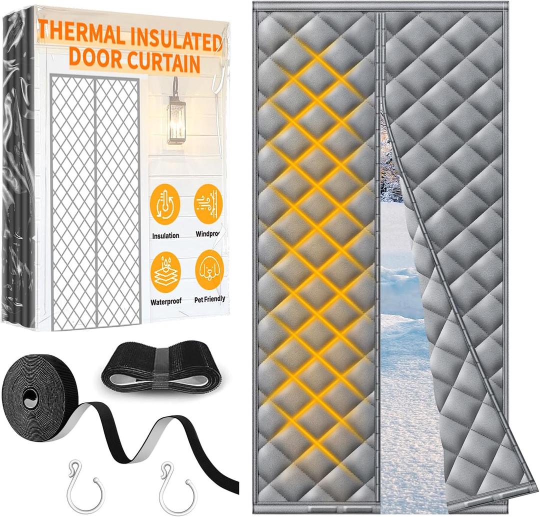 HOFUDON Magnetic Thermal Insulated Door Curtain, Upgraded Oxford Cloth Filled with Thicken Cotton, Door Insulation for Winter Cover,Grey Fit for Door Size 36" x 82", Doorway Curtains Size 38" x 84" (Gray)
