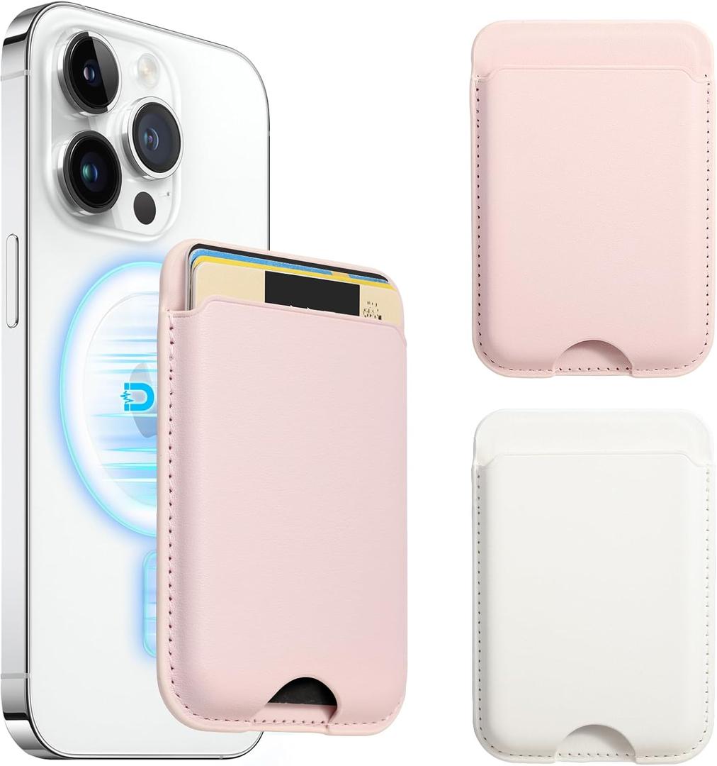 Zemexy Magnetic Wallet Compatible with Apple Magsafe,2Pack Mag Safe Card Holder for iPhone 15/14/13/12 Pro/Max/Plus/Case,Vegan Leather RFID Phone Wallet Fits 4 Cards - White+Pink