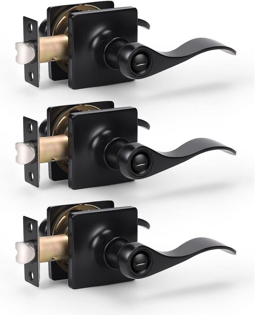 KNOBWELL 3 Pack Black Lever Door Handle Interior, Wave Style Privacy Door Levers Lock, Commercial Door Handle with Lock, Reversible for Left and Right