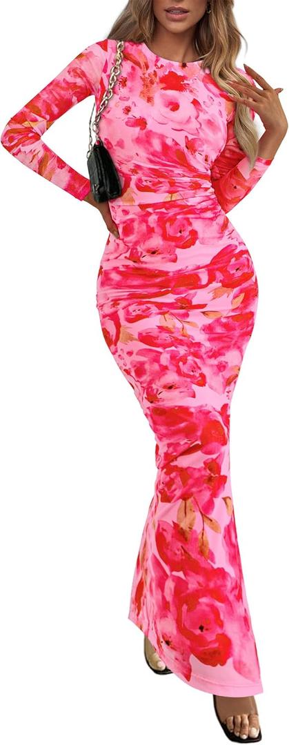 PRETTYGARDEN Women's Bodycon Maxi Dress Fall Spring Fashion Long Sleeve Floral Print Tight Fitted Party Club Ruched Dresses (Pink, L)