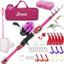 Kids Fishing Pole, Kids Portable Telescopic Fishing Rod Set, Tackle Box and Fishing Net Combo Kit, Kids Fishing Gear for Boys and Girls Age 5-10 and Youth (Pink)