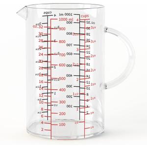 77L Glass Measuring Cup, [Double-Sided Measuring Scale, Insulated handle, V-Shaped Spout], High Borosilicate Glass Measuring Cup for Kitchen or Restaurant, Easy To Read, 1000 ML (1 Liter, 4 Cup)