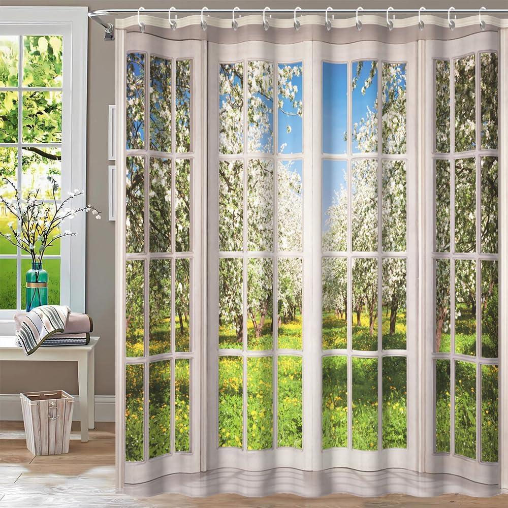 72x72inch Spring Natural Scenery Shower Curtain Sets with Hooks French Style Spring Scenery Outside Window Bath Curtain for Bathroom European White Curtain Pattern Bathtubs Stall Decor