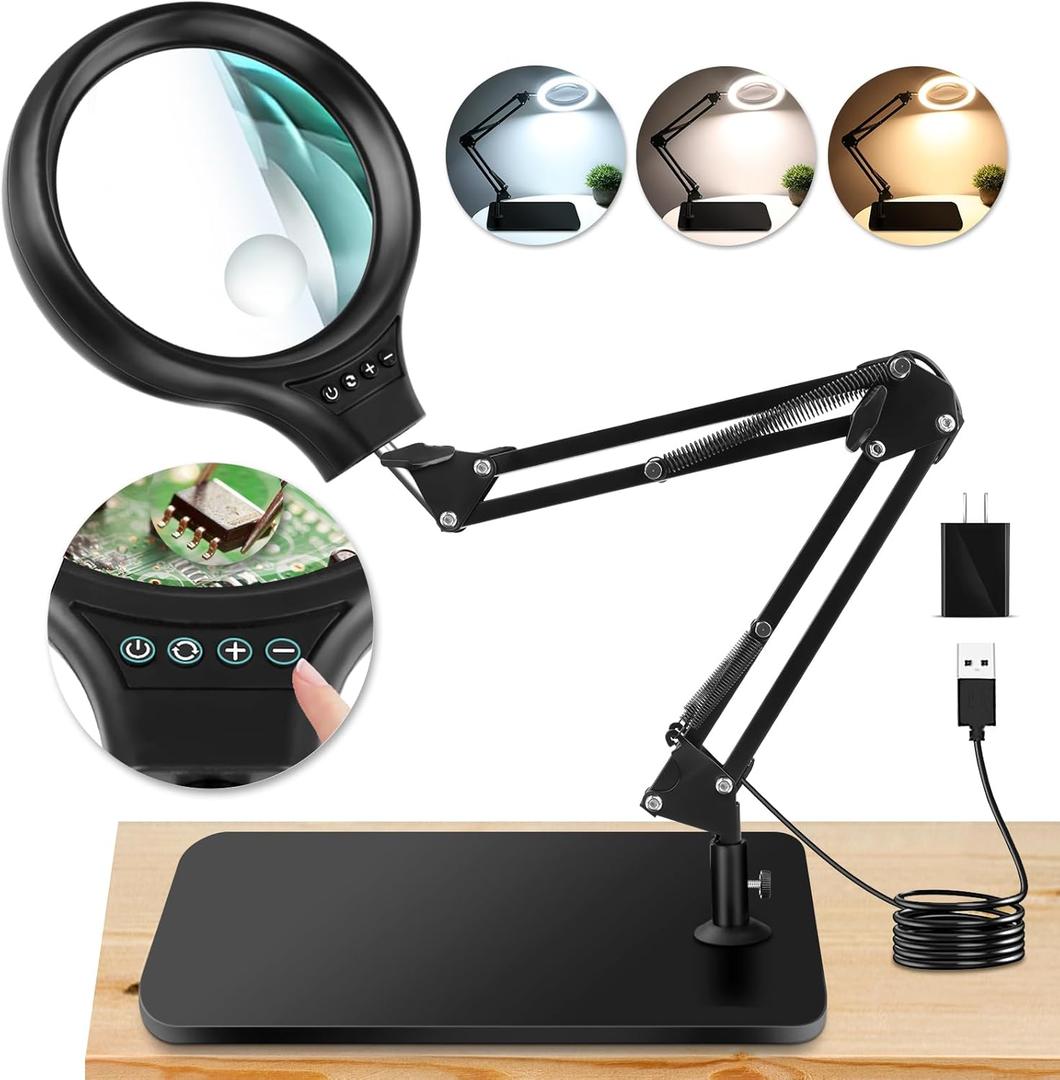 NZQXJXZ 10X 30X Large Magnifying Glass with Light and Stand, 5-inch LED Lighted Magnifier, 3 Color Modes Stepless Dimmable, Hands-Free Magnifying Glass Desk Lamp for Reading Craft Hobby Close Work (Black)