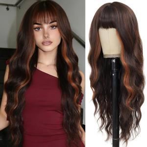 MINSEEYOO Brown Highlight Wig with Bangs for Women Long Wavy Wigs 26 Inch Brown Mix Ginger Wigs Natural Looking Heat Resistant Synthetic Wig for Daily Party Use