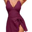 Charmo One Piece Swimdress Swimsuits for Women Scalloped Tummy Control Swim Dress Tie Knot Skirt Bathing Suit (Medium, Burgundy)
