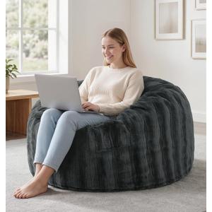 fond + found 3FT Bean Bag Chairs Giant Bean Bag Chair Cover with Wave Pattern Fur Washable Bean Bag Chairs for Adults Filled with Memory Foam for Bedroom Living Room (Grey, 3FT- 36" x 36" x 22"), Small