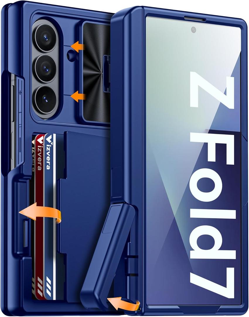 Vizvera for Samsung Galaxy Z Fold 7 Case RFID Wallet with Cards Holder[Kickstand][Camera Cover] Shockproof Silicone Protective Phone Case for Z Fold 7 2025-Blue