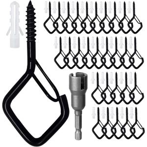 30 Pcs Outdoor Hooks for String Lights,Screw Hooks for Hanging Plants,Ceiling Hooks with Safety Buckle,Square Hanger for Wind Chimes,Bird Feeder,Lanterns,Christmas Decorations (Black)