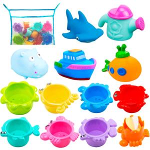 INNOCHEER Baby Bath Toys for Toddlers, Water Table Toys with Mold Free Stacking Cups, Quick Dry Organizer Net, 13 Pcs Bathtub Game, Beach and Pool Party