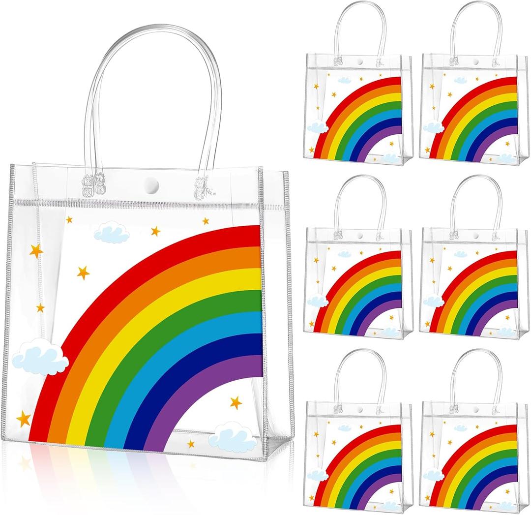 Aliceset 20 Pcs Clear Plastic Goodie Bags Party Treat Bags with Handles Rainbow Themed Favor Wrapping for Birthday Snack Candy Holiday Decoration Baby Shower Supplies, 8 x 8 x 3.15 Inch