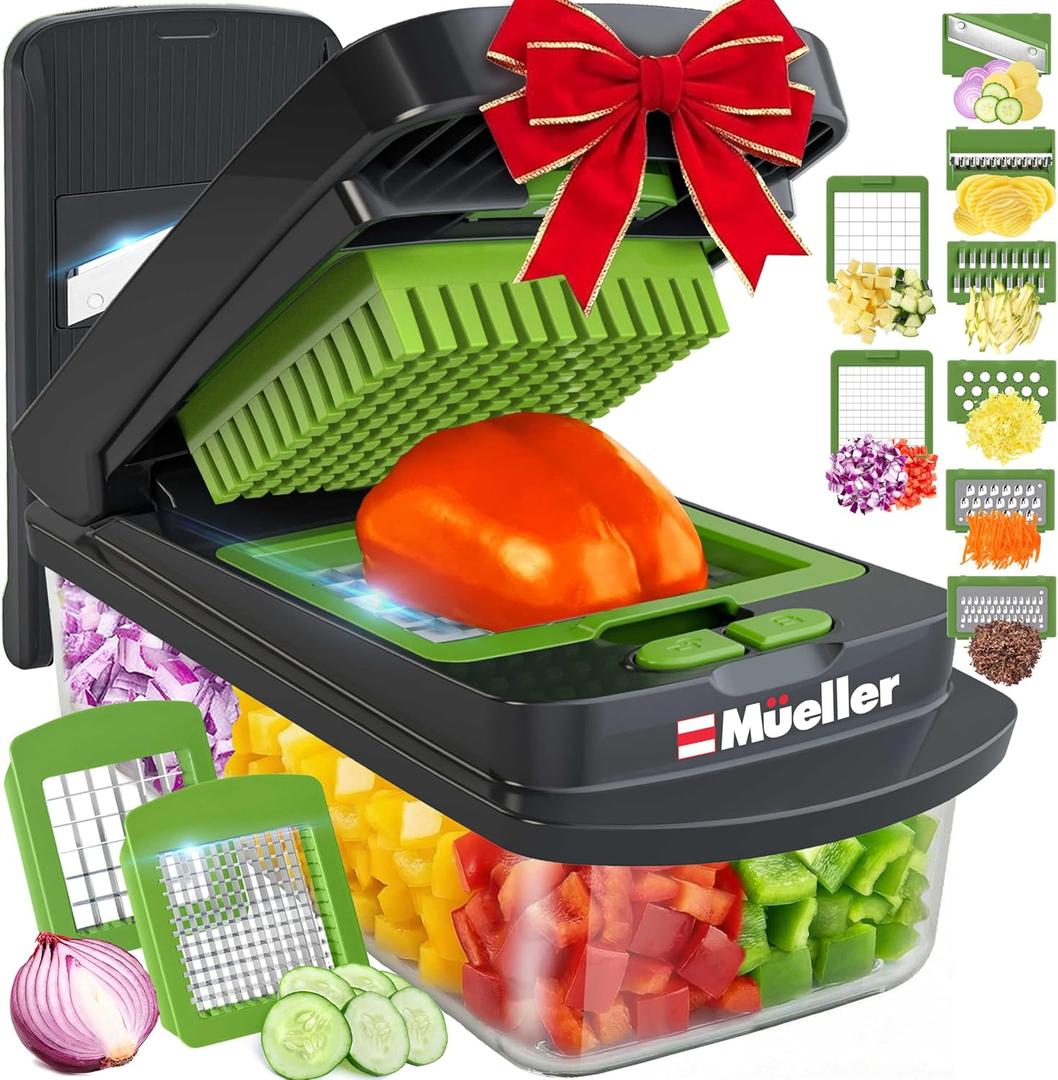 Mueller Pro-Series 10-in-1, 8 Blade Vegetable Chopper, Onion Mincer, Cutter, Dicer, Egg Slicer with Container, French Fry Cutter Potato Slicer, Home Essentials, Salad Chopper,Gray/Green