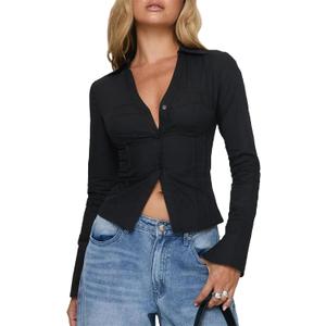 Women Y2K Slim Fit Button Up Shirt Sexy Long Sleeve V Neck Solid Color Crop Blouse Casual Aesthetic Preppy Streetwear (Small)