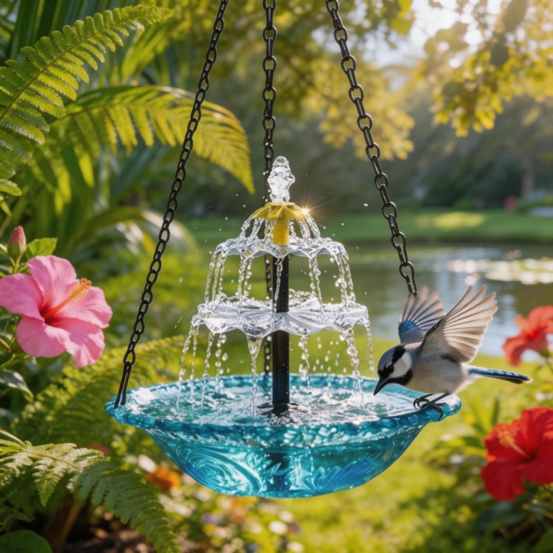 2026 New Solar Cascade Hanging Bird Bath Fountain Outdoor Bowl Bird Bath with Solar Pump, Large Hanging Fountain for Hummingbirds, Gardens, Patio & Backyard (Blue)