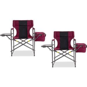 Director Camping Chair Set of 2 with Cooler Bag & Foldable Side Tray - 400lbs Heavy Duty Outdoor Folding Lawn Chair, Portable Camp Chair for Backyard, Fishing, Beach (Wine Red)