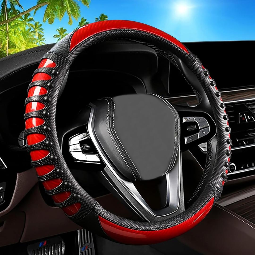 3D Massage Red Carbon Fiber Leather Steering Wheel Cover, 14.5-15 Inch Non-Slip Breathable Microfiber Car Steering Wheel Protector