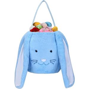 Plush Easter Bunny Basket for Kids Boys Girls Easter Buckets with Long Plush Ear Personalized Egg Hunting Bags,Bunny Kids Easter Tote Bags for Easter Decorations Candy (Blue)