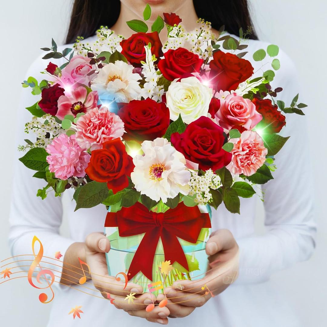 Pop Up Card with Music and Light, Anniversary Card with Roses, Flower Bouquet 3D Gift Card, Birthday Valentines Day Gifts Mothers Day Gifts for Women Mom Wife(Rose)