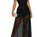 GOKATOSAU Women's Sleeveless Round Neck Full Ruched Bodycon Mesh Ruffle Hem Long Maxi Dress Black (Black, S)