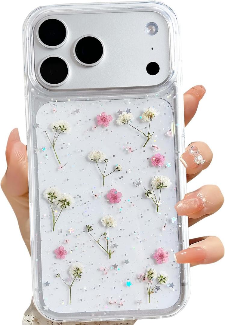 For iPhone 17 Pro Clear Case with Pressed Real Flowers Design,Glitter Cute Pink Floral Pattern Slim Soft TPU Protective Women Girl's Phone Cover for iPhone 17 Pro