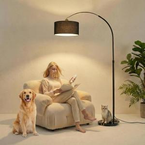 Arc Floor Lamp with Fan Head, Dimmable Floor Lamps with Remote, 3 Color Temperatures Adjustable Standing Lamp, Bright Reading Floor Lamp with Marble Base for Living Room Bedroom (black+black linen)