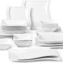 MALACASA Plates and Bowls Sets, 26 Pieces Ivory White Porcelain Dinnerware Sets without Mugs, Square Dinnerware with Dinner Plates, Bowls and Serving Platters, Modern Dish Set for 6, Series Flora