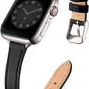 STIROLL Slim Leather Bands Compatible with Apple Watch Band 38mm 40mm 41mm 42mm(Series 11 10), Top Grain Leather Watch Thin Wristband for iWatch SE 9 8 7 6 5 4 3 2 1 (Black Starlight Silver)