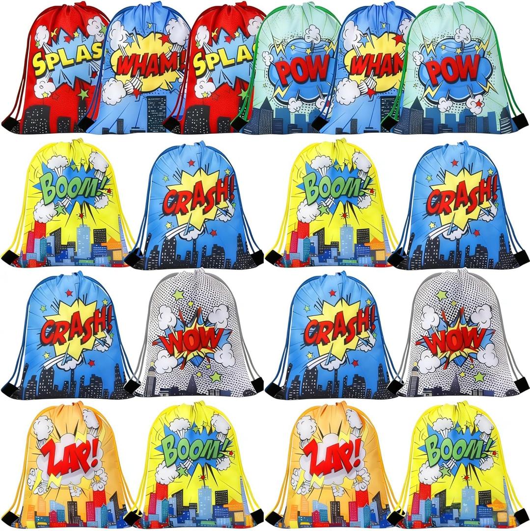 Clabby 12 Pcs Hero Party Drawstring Backpacks Bulk Hero Party Favors Gift Bags Comic Book Boom Goodie Candy Treat Bag for Birthday Party (10 x 12 Inch)