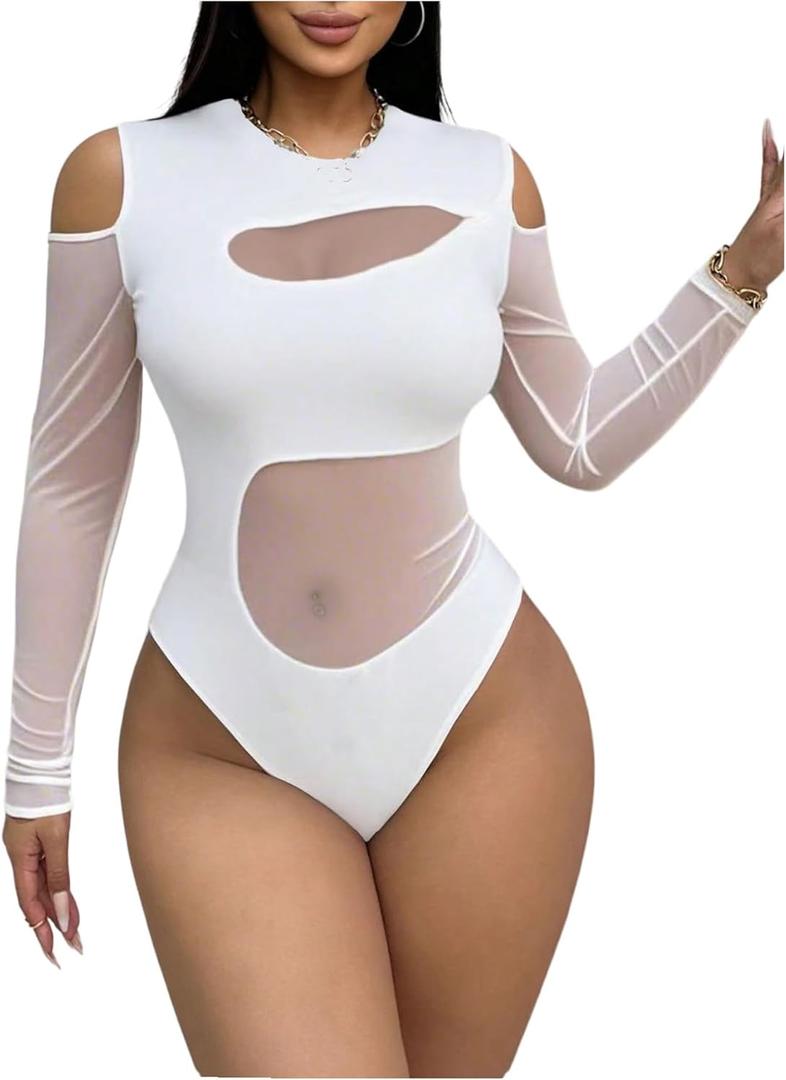 WDIRARA Women's Cold Shoulder Long Sleeve Bodysuit Sheer Mesh Jumpsuit Sexy Leotard Tops XL