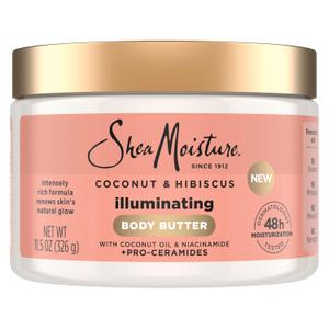 SheaMoisture Illuminating Body Butter with Coconut & Hibiscus, Niacinamide and Pro-Ceramides, Renewing Skins Natural Glow, 48H Moisturizing 11.5 oz