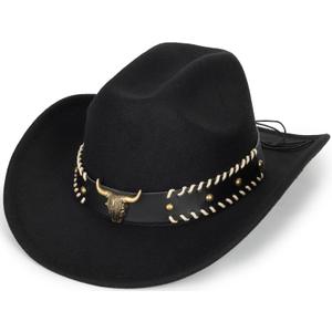 INOGIH Classic Black Western Felt Roll-Up-Brim Cowboy-Hat for Women Men - Bling Cowgirl-Hat Felt Fedora for Disco Parties (Medium)