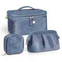 Wedama Makeup Bag Gift for Women, Double-layer Cosmetic Bag with Jewelry Storage and Brush Holder 3 Pcs Velvet Makeup Organizer Bag Gift Set Travel Toiletry Bag for Women Girls, Blue