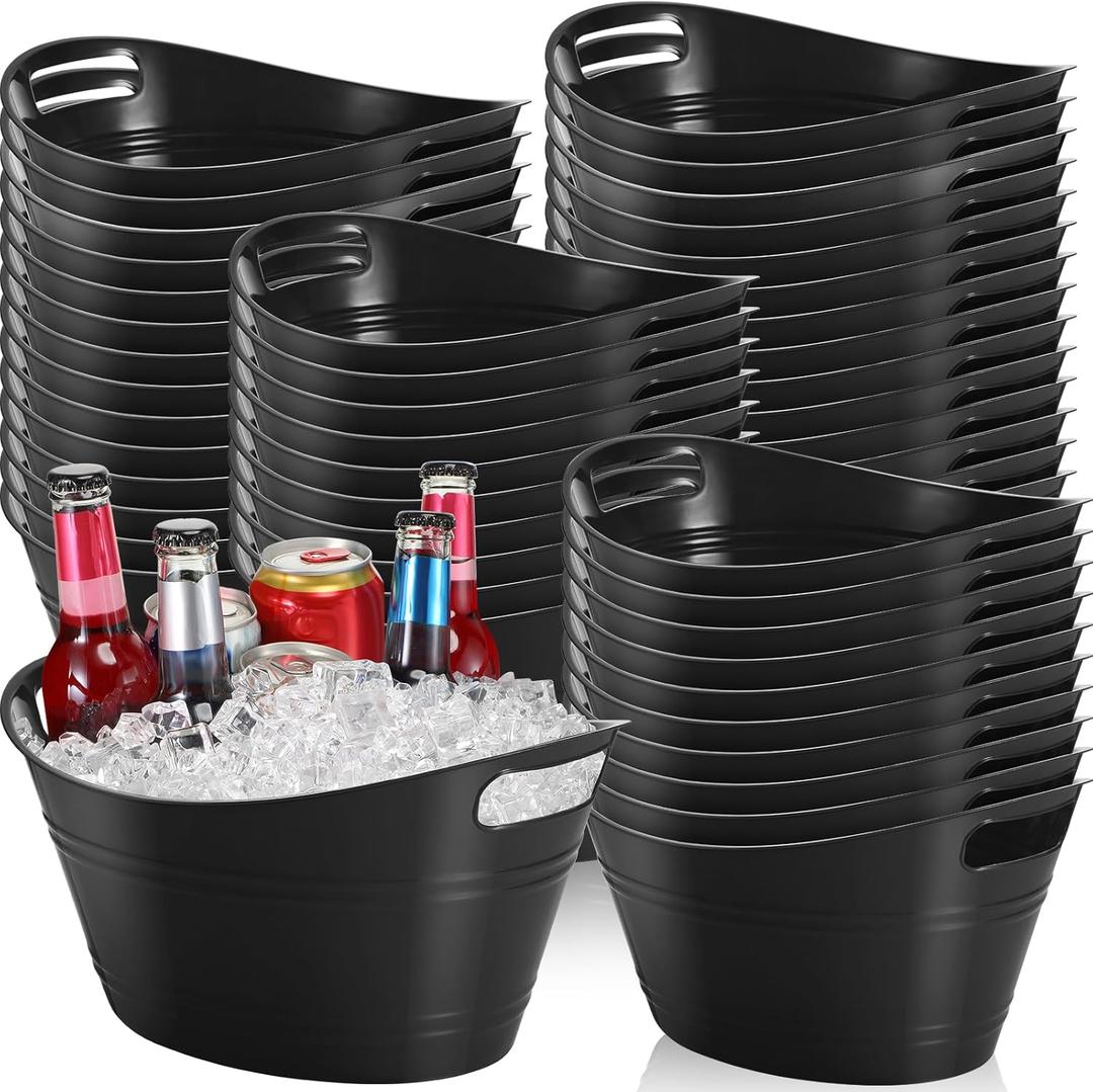 Norme 48 Pcs Plastic Ice Buckets for Parties Bulk 4.5L Oval Black Storage Tub with Handles Wine Beer Champagne Bottle Drink Cooler Tub for Christmas Holiday Home Parties Beverage Storage Basket Gift