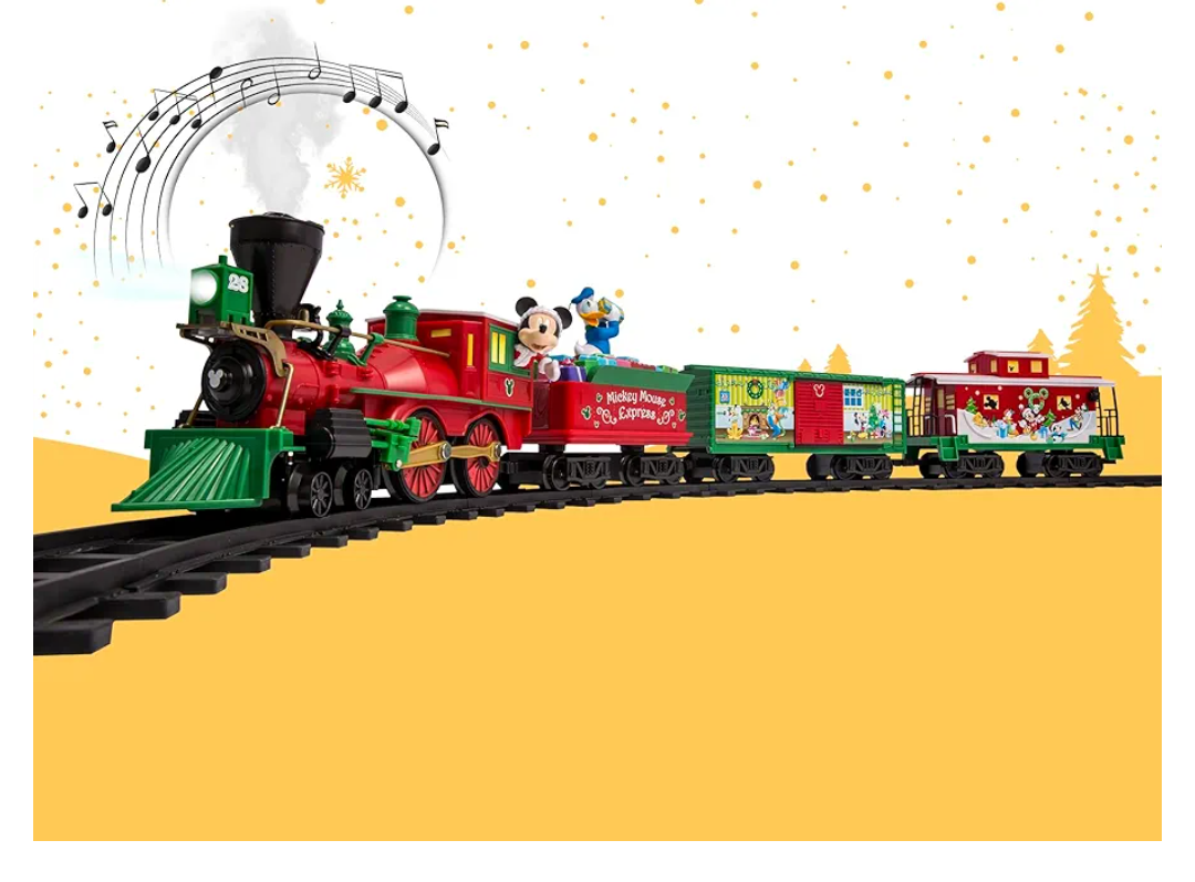 Lionel Disney Battery-Operated Mickey Mouse Express Toy Train Set with Bluetooth, Locomotive, Train Cars, & Track with Authentic Train Sounds, Lights, & Water Vapor Smoke Effects for Kids 4+