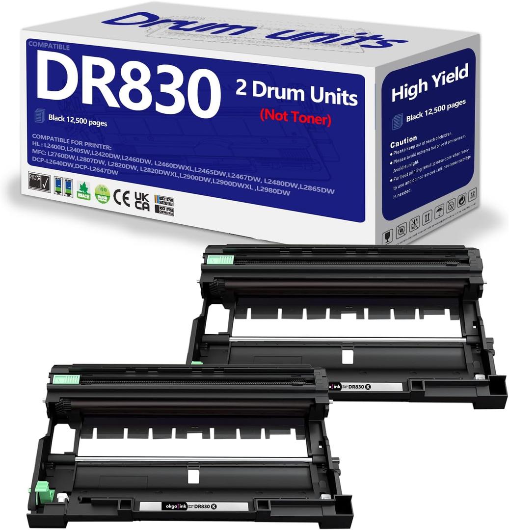 DR830 Drum 2 Pack Compatible Replacement for Brother DR830xl DR-830 tn830 Drum Unit use with DCP-L2640DW HL-L2460DW HL-L2405W HL-L2480DW MFC-L2820DW MFC-L2807DW HL-L2400D HL-L2865DW Printer