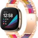 Stainless Steel Bands Compatible with fitbit Sense 2/Sense/Versa 4/Versa 3, Replacement Classic Metal Wristband for Men (01# Rose Gold with Rainbow)