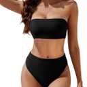 YACUN Women's High Waisted Bikini Swimsuit Two Piece Strapless Bandeau Cheeky Bathing Suits (Black, L)