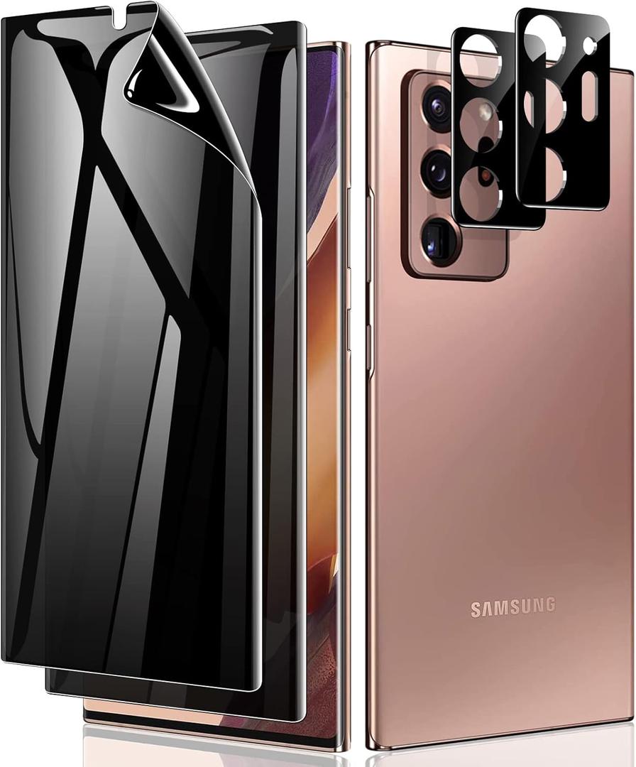 LYWHL [2+2 Pack for Samsung Note 20 Ultra Privacy Screen Protector, [Support Fingerprint ID] Anti-Spy Black Full Adhesive Flexible Film + Camera Lens Glass Protector for Galaxy Note 20 Ultra