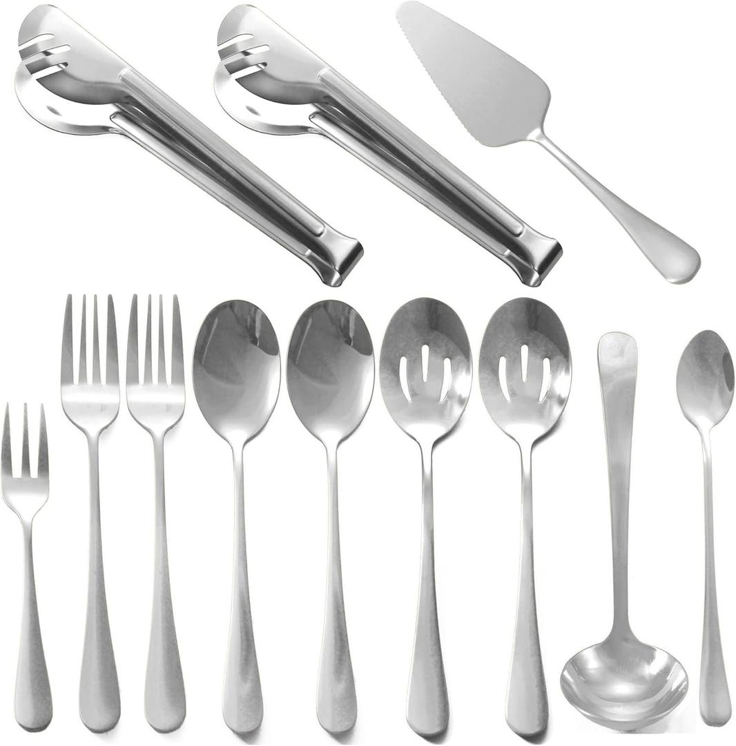 Silver Serving Utensils, 12 Pcs Stainless Steel Buffet Serving Utensil with Serving Spoon Slotted Spoons Serving Forks Soup Ladle Serving Tongs Pie Server, Utensils Set Great for Banquet (Silver)