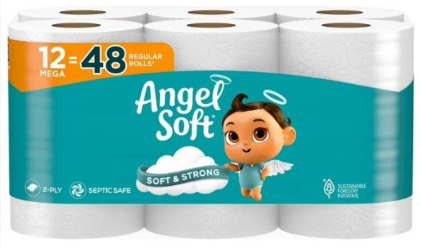 Angel Soft Toilet Paper, 12 Mega Rolls = 48 Regular Rolls, Soft and Strong Toilet Tissue 